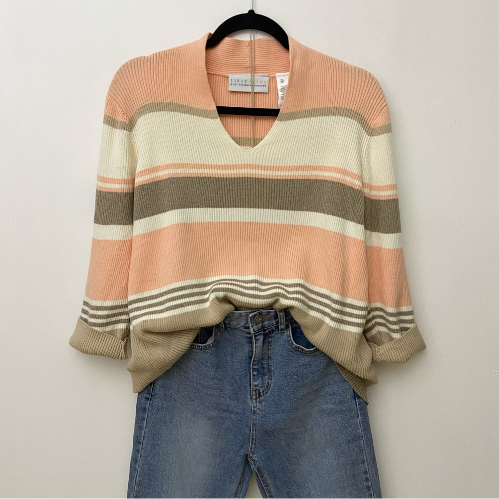 Liz Claiborne Striped V-Neck Sweater in Peach, Cream & Taupe